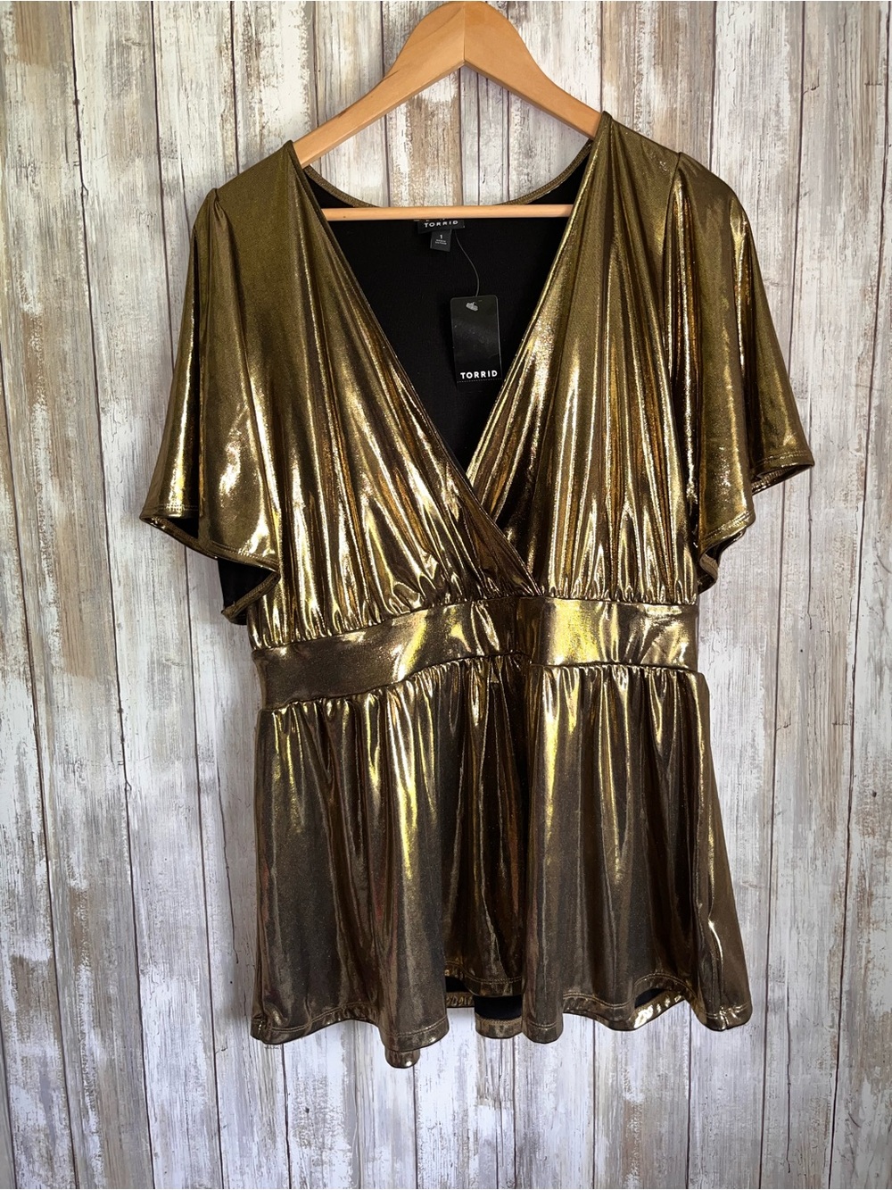 Torrid Gold Liquid Shine Surplice Peplum Top Metallic Flutter Sleeve 1X NWT - Picture 2 of 6